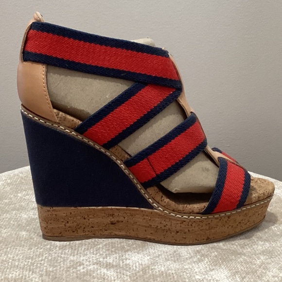 **NEW** Splendid Klever Wedge Heeled Cork Sandals - Red/Blue/Tan - 7M - Picture 4 of 13